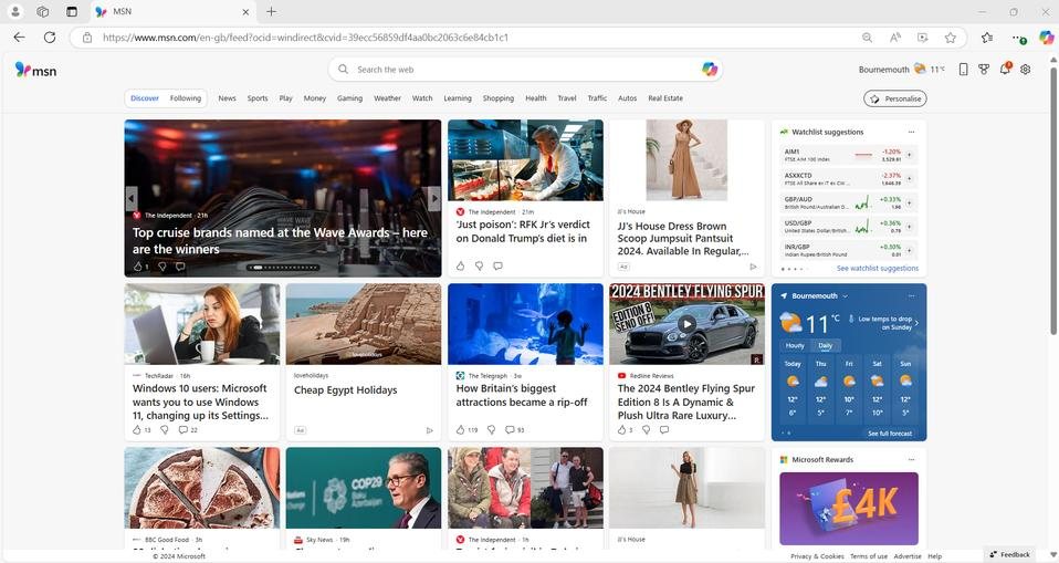 The MSN homepage in Microsoft Edge